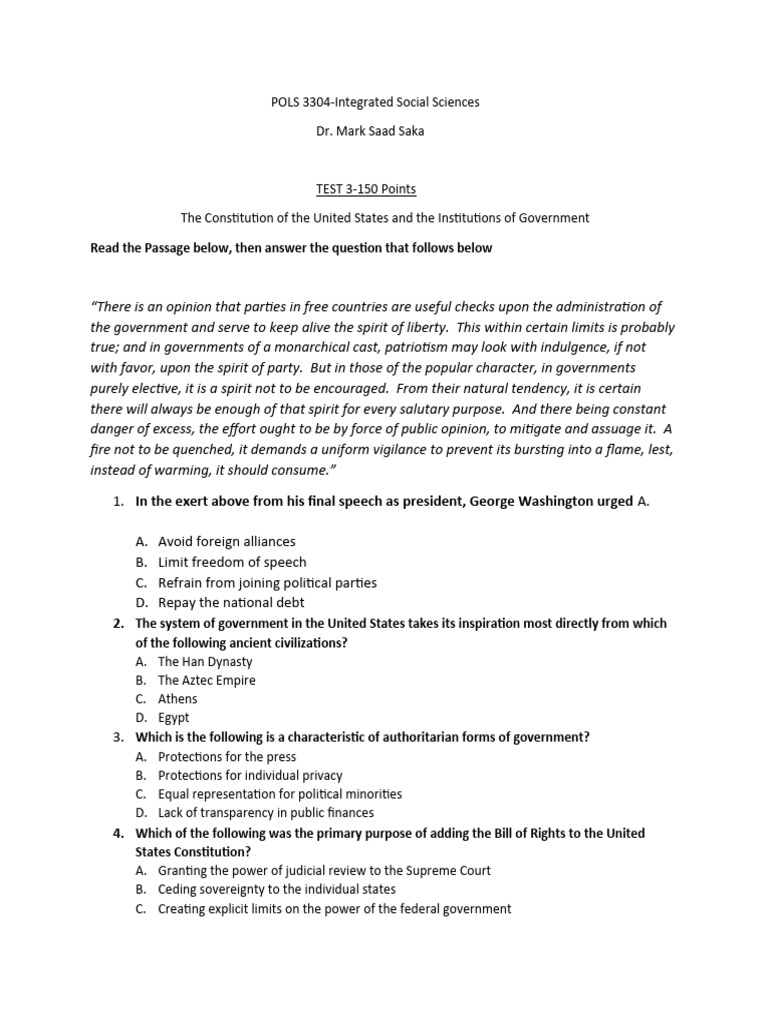 U.S. Government Constitution Test Review | PDF | United States Bill Of ...