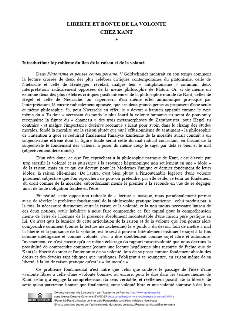 Liberté et volonté chez Kant : enjeux clés | PDF | Critique de la ...