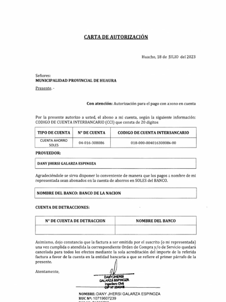 Carta de Autorizacion de Cuenta | PDF