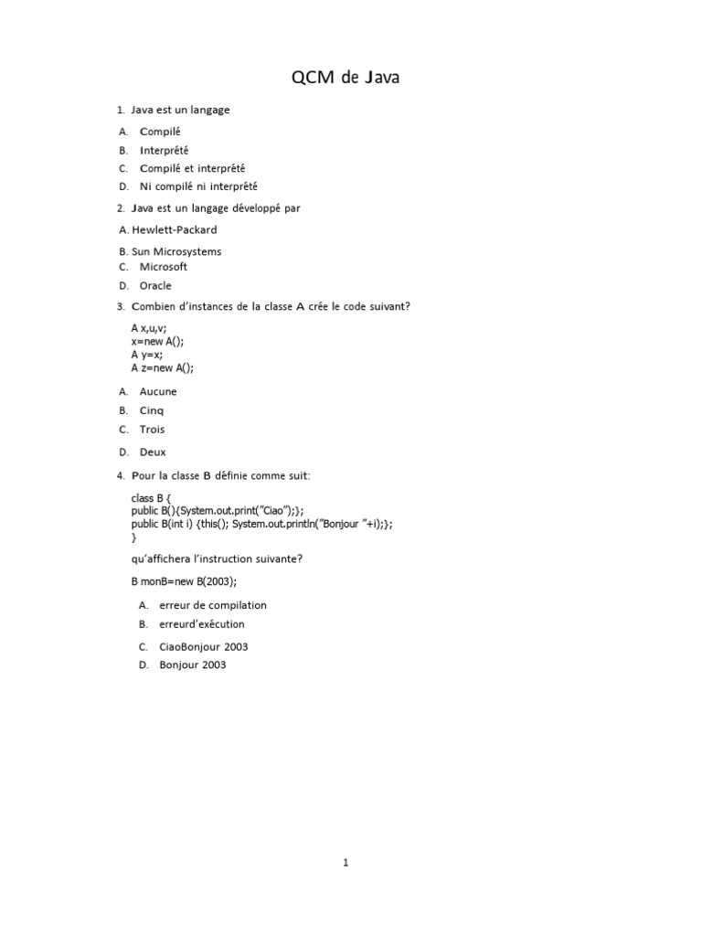 QCM Java : Questions et Corrigés | PDF | Java (Langage de programmation ...