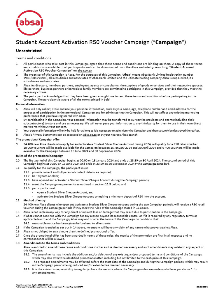 Absa Student Silver Account R50 Voucher | PDF | Cheque | Business