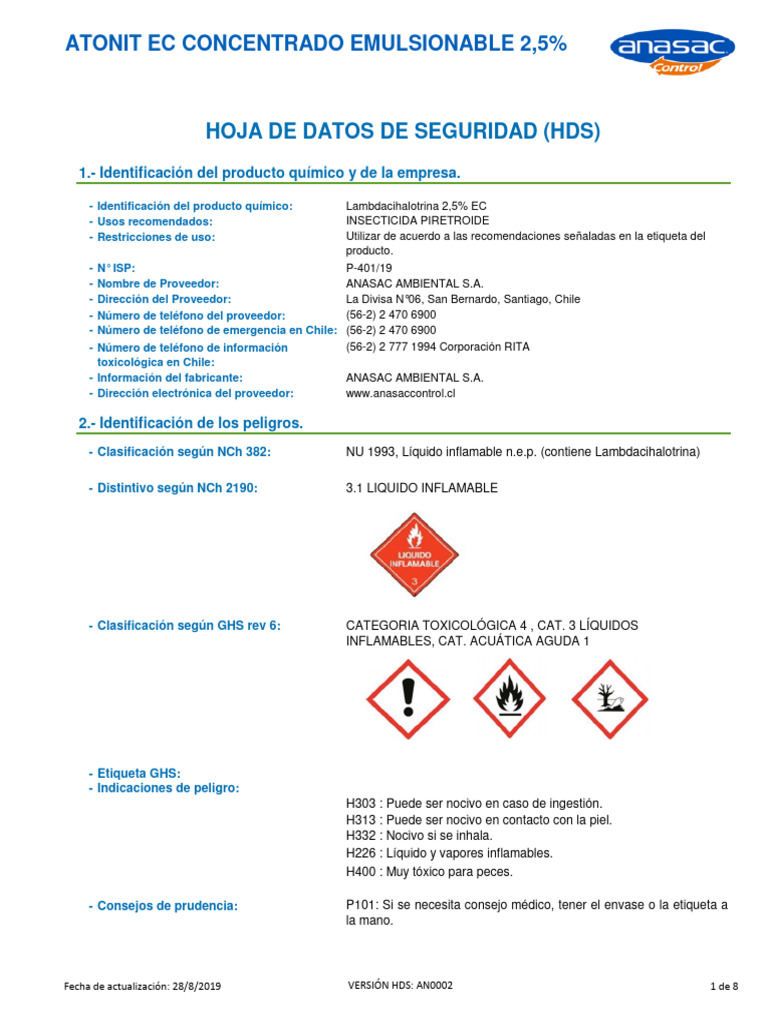 Hoja de Seguridad ATONIT EC 2.5% | PDF | Pesticida | Agua
