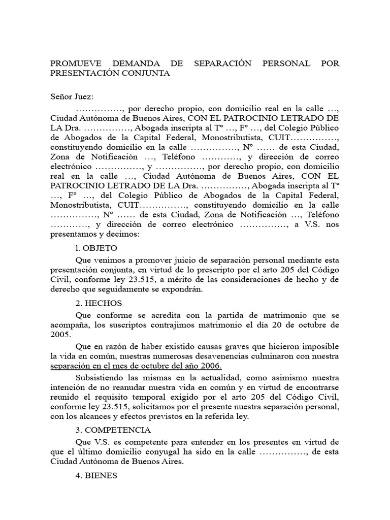 73-SEPARACION PERSONAL (ART 205, CODIGO CIVIL) - Modelos Civil Familia ...