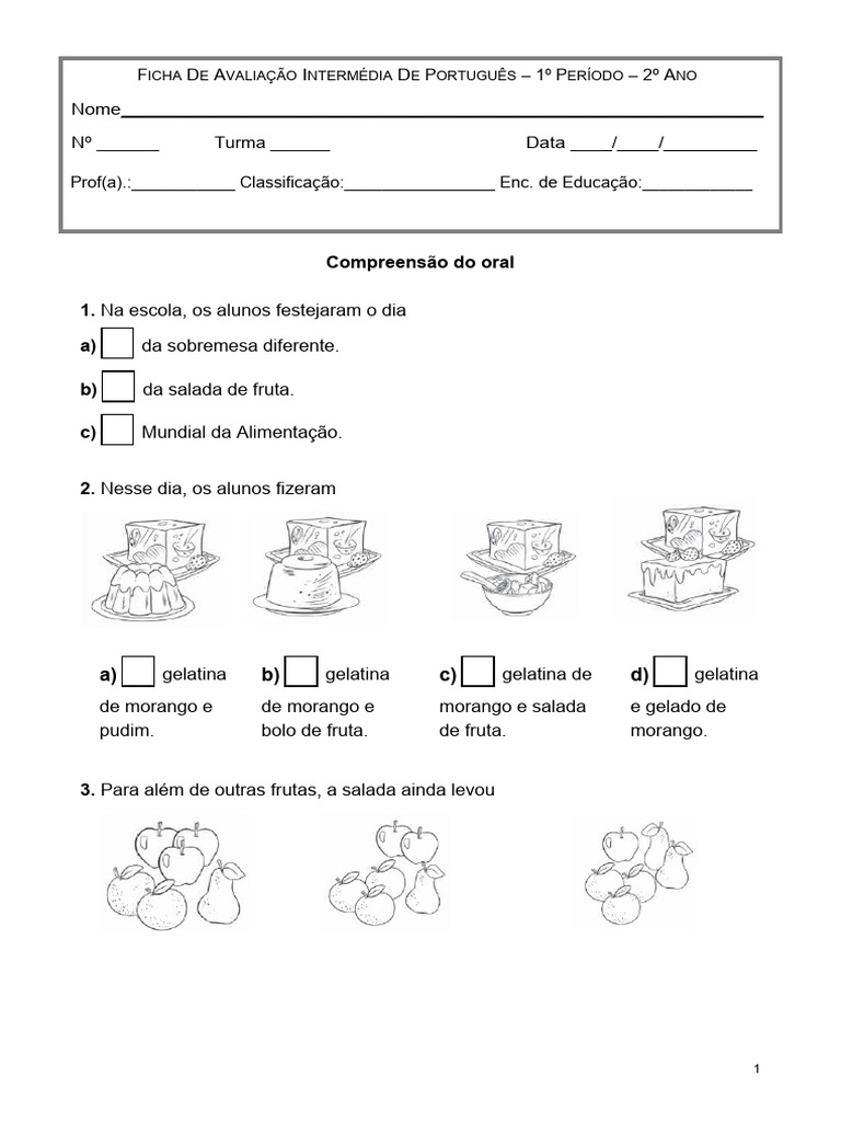 Ficha de Avaliação de Português - 2º Ano | PDF | Maçã | Linguística