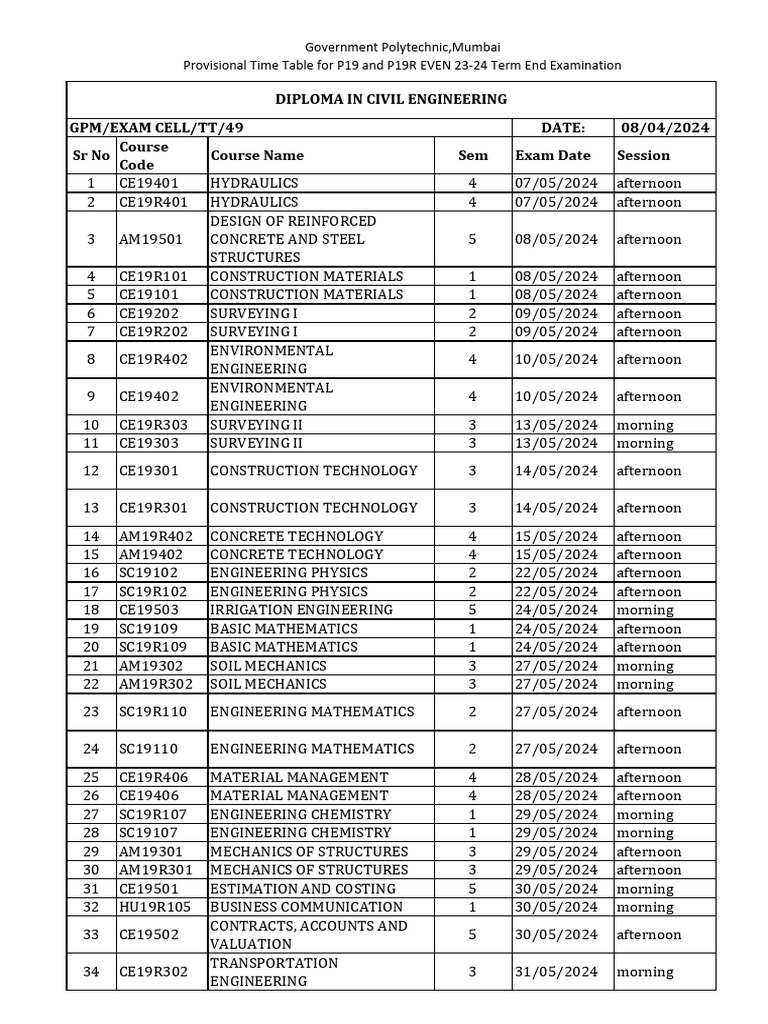 Polytechnic Exam Schedule 2023-24 | PDF | Engineering | Computer ...