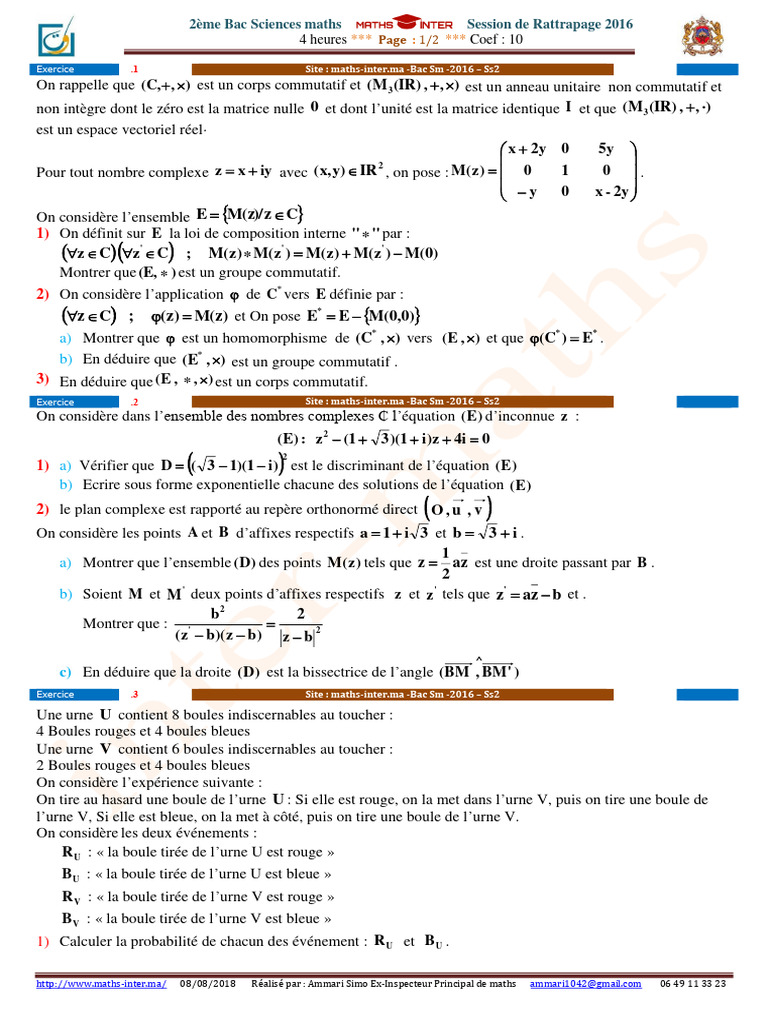 Rattrapage Bac Maths 2016 - Exos et Solutions | PDF | Nombre complexe ...