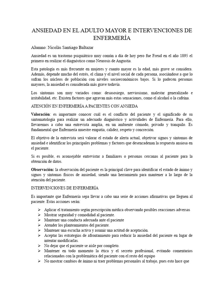 Intervenciones de Enfermería en Ansiedad Senior | PDF | Ansiedad ...