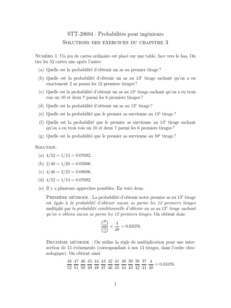 Probabilités pour ingénieurs : solutions exercices | PDF | Probabilité ...