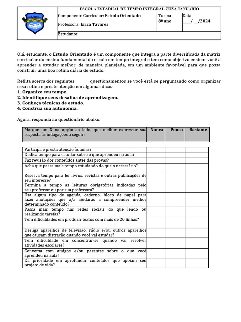 Atividades de Estudo Orientado 8º Ano | PDF