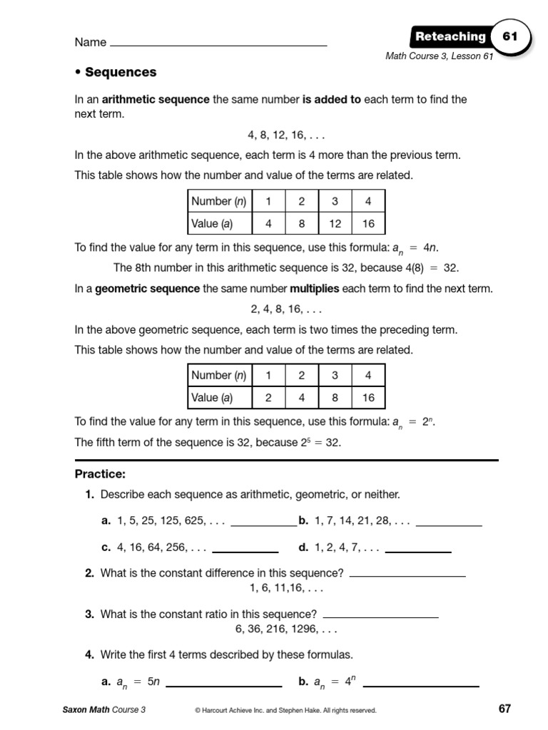 Sequences: Reteaching | PDF | Triangle | Decimal