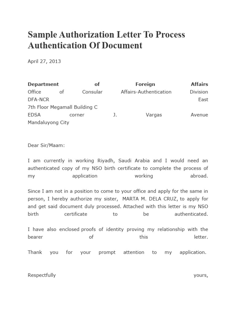 11 Sample Authorization Letter To Process Authentication Of Document | PDF
