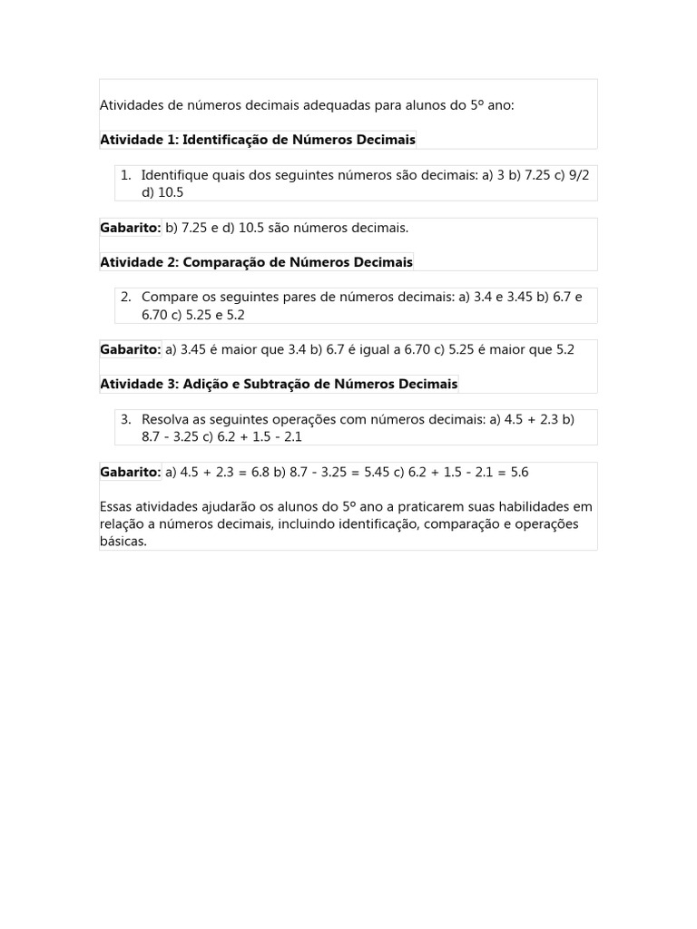 Atividades de Números Decimais Adequadas para Alunos Do 5º Ano | PDF