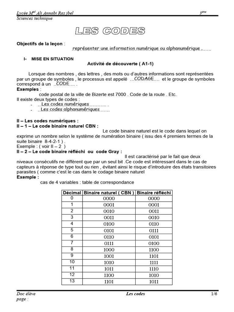 Codes binaires et leur conversion | PDF | Décimal codé binaire ...