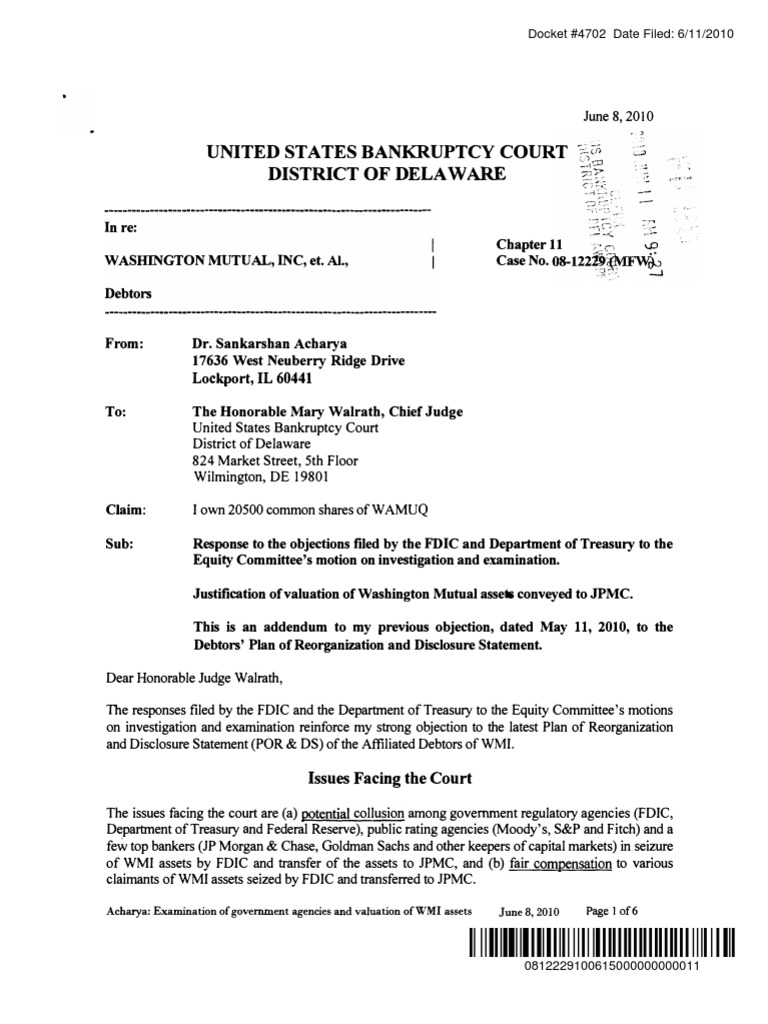 Washington Mutual (WMI) Letter Filed by Sankarshan