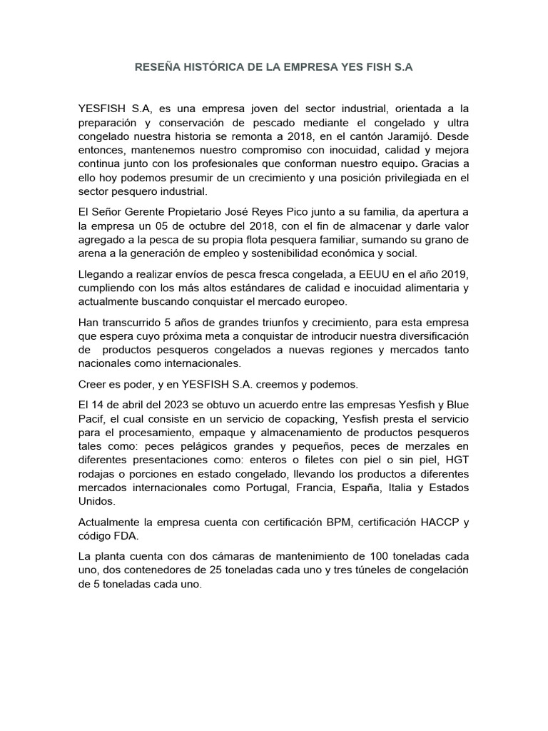 Historia de Yesfish S.A. en la industria pesquera | PDF