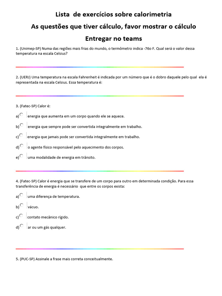 Exercícios de Calorimetria e Temperatura | PDF | Temperatura | Calor