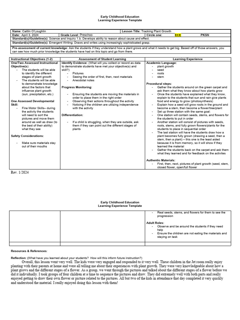 Plant Growth Lesson Plan for ECE | PDF | Knowledge | Early Childhood ...