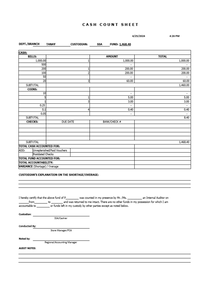Cash Count Ssa Template 04 25 2024 Download Free PDF Accounting
