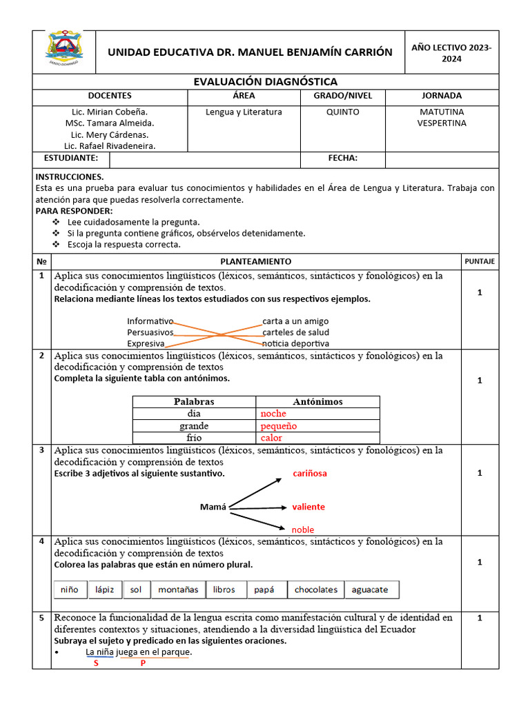EVALUACION DIAGNOSTICO 5TO LENGUA Y LITERATURA CON INDICADORES DE LOGRO ...