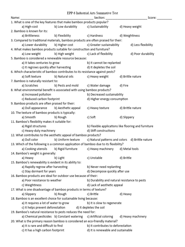 EPP 6 Industrial Arts Summative Test PDF Bamboo Sustainability