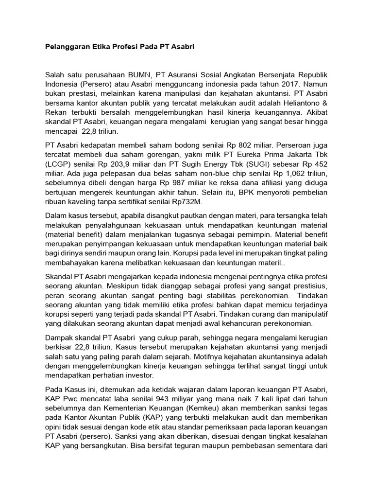 Artikel Pelanggaran Etika Profesi Pada PT Asabri | PDF | Pengelolaan ...
