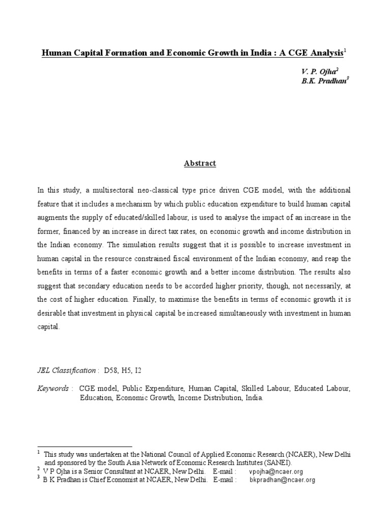Human Capital Formation and Economic Growth in India: A CGE Analysis | PDF
