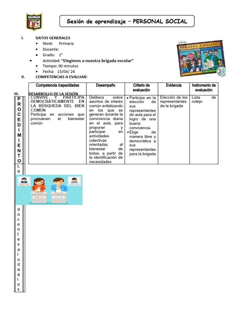 Elección de Brigada Escolar 1° Grado | PDF | Salón de clases | Evaluación