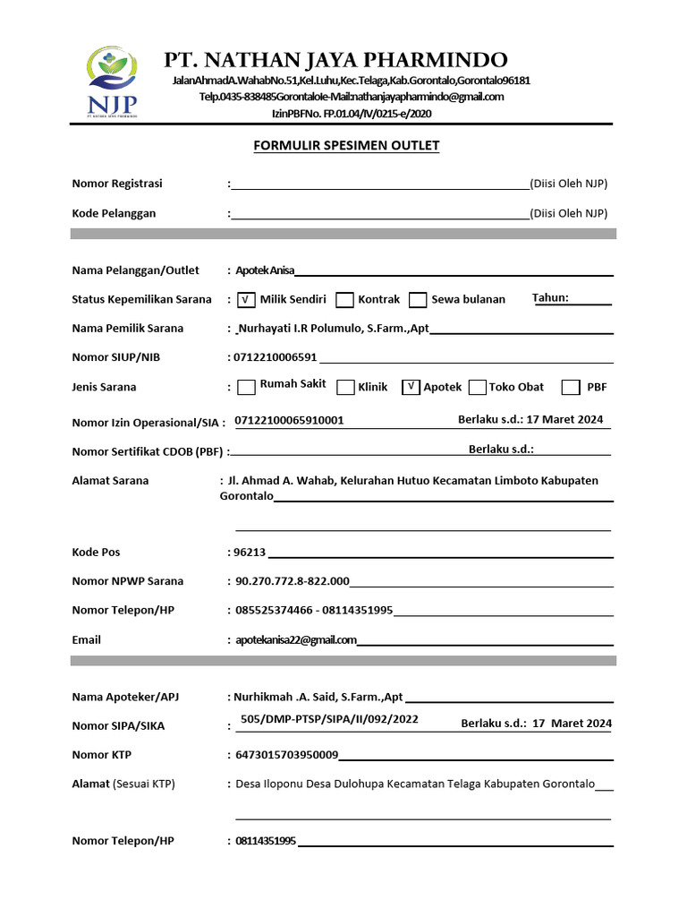 Formulir Registrasi Apotek Anisa | PDF
