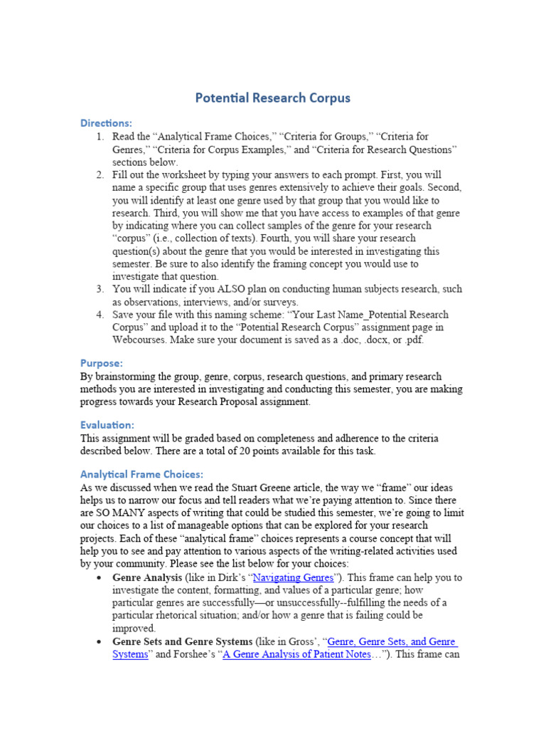 Potential Research Corpus Template-Spring 2024 1 1 | PDF | Genre | Analysis