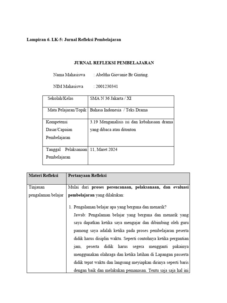 Jurnal Refleksi Pembelajaran PPL | PDF | Karier & Perkembangan