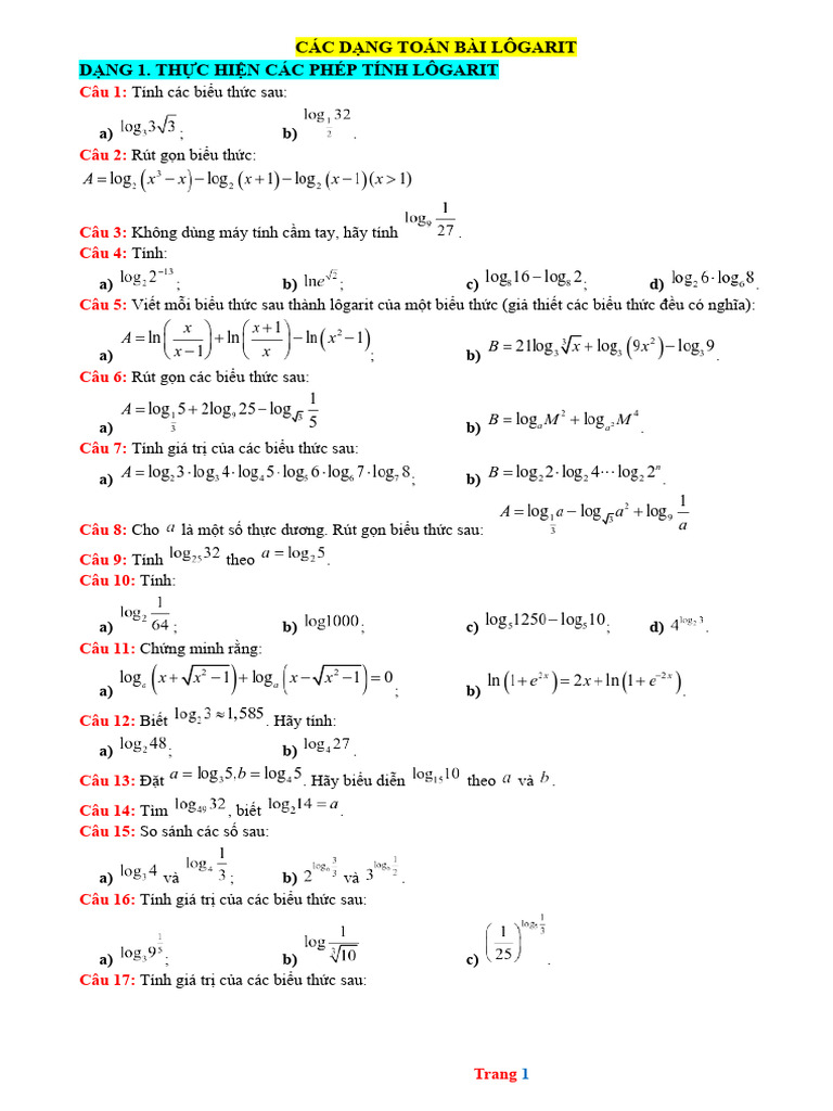Cac Dang Toan Bai Logarit - 181202410 | PDF