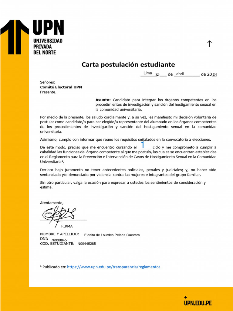 Carta Postulación Estudiante | PDF