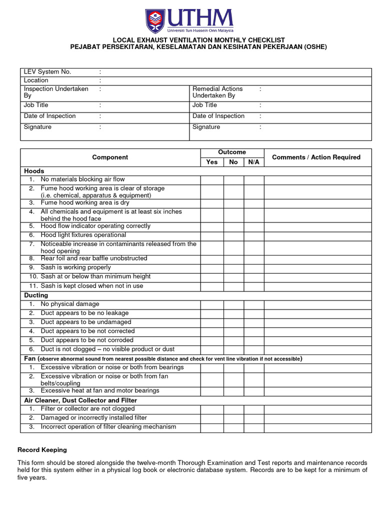 LEV Monthly Inspection Checklist | PDF | Duct (Flow)