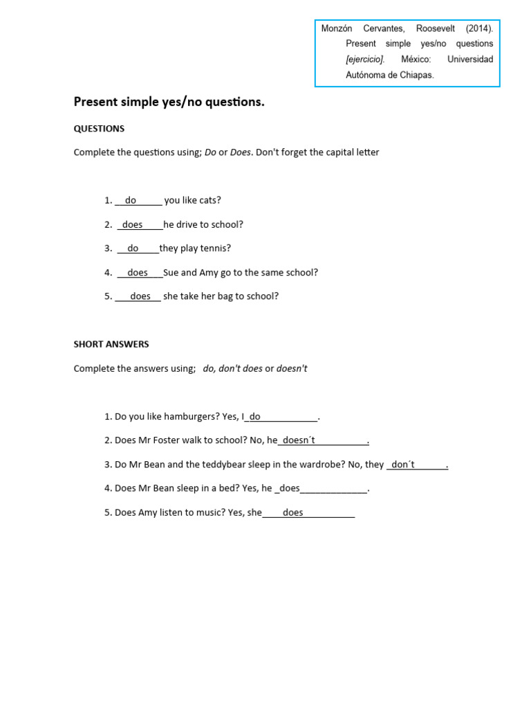 Present Simple Yes/No Questions Exercise | PDF