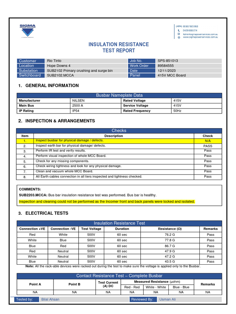 Busbar Insulation Resistance Report | PDF | Insulator (Electricity ...