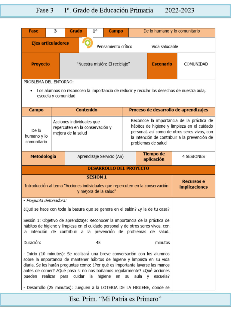 Proyecto de Salud y Reciclaje en 1º Grado | PDF | Evaluación | Salón de ...
