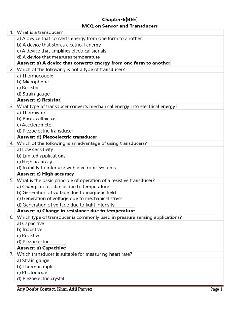 MCQ on Transducer PDF Electrical Resistance And Conductance