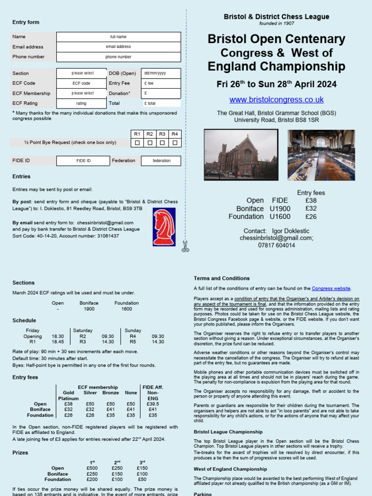 Bristol Open Chess Congress Entry Form | PDF | Chess