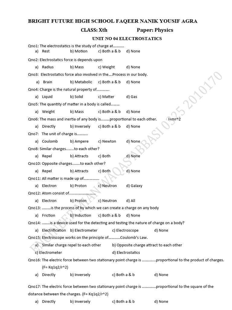 Class X Physics: Electrostatics Quiz | PDF | Capacitor | Electromagnetism