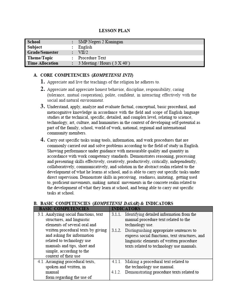 Lesson plan procedure text word | PDF | Teachers | Linguistics