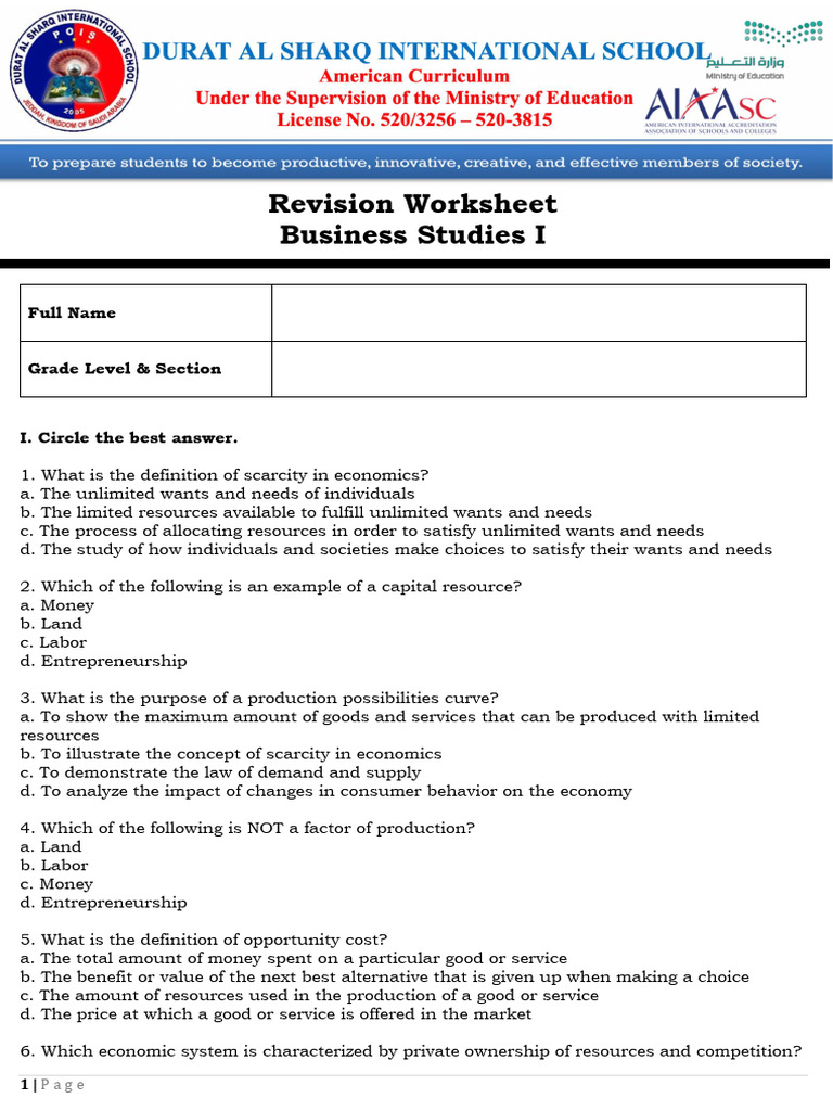 Answer KeyTerm 2Final ExamBusiness Studies IRevision Worksheet