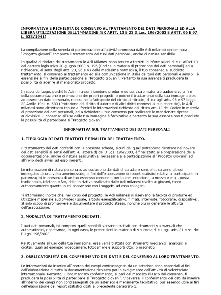 Informativa E Richiesta Di Consenso Al Trattamento Dei Dati Personali 