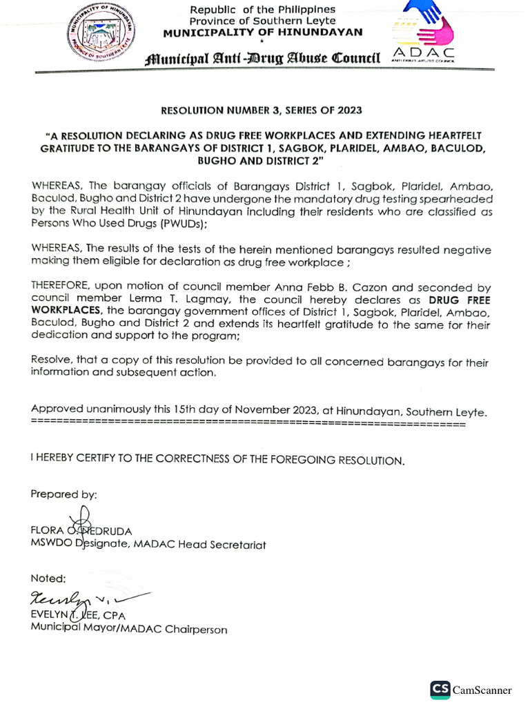 Resolution Declaring Drug Free Workplace | PDF