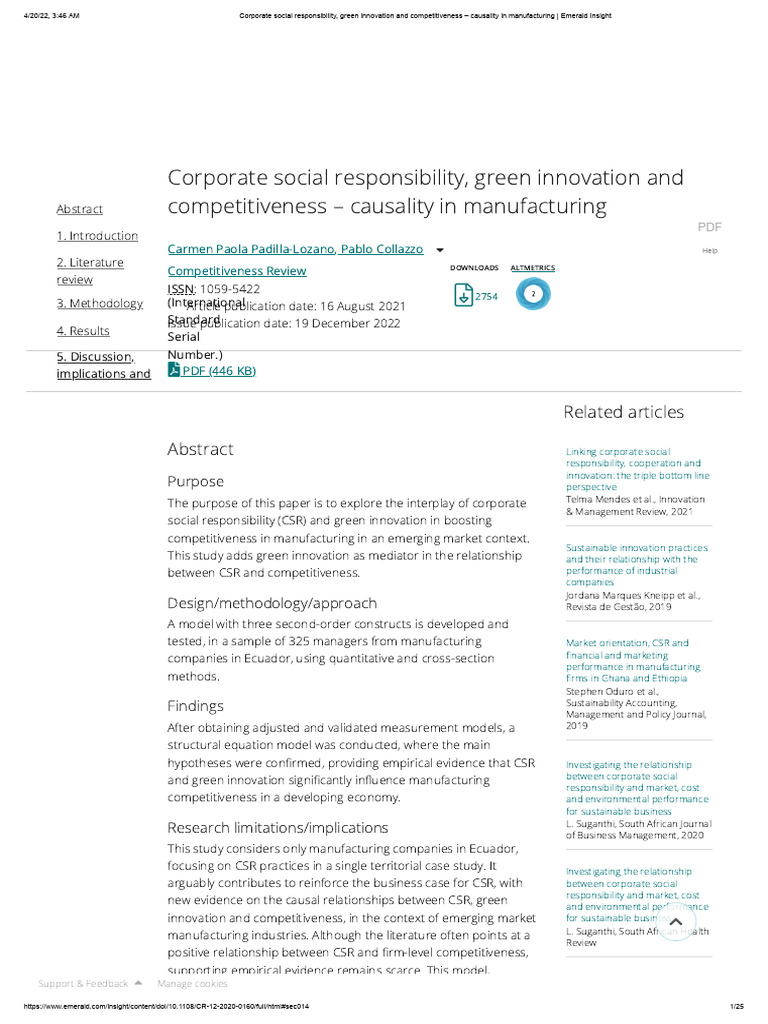 CSR, Green Innovation, and Competitiveness | PDF | Corporate Social ...