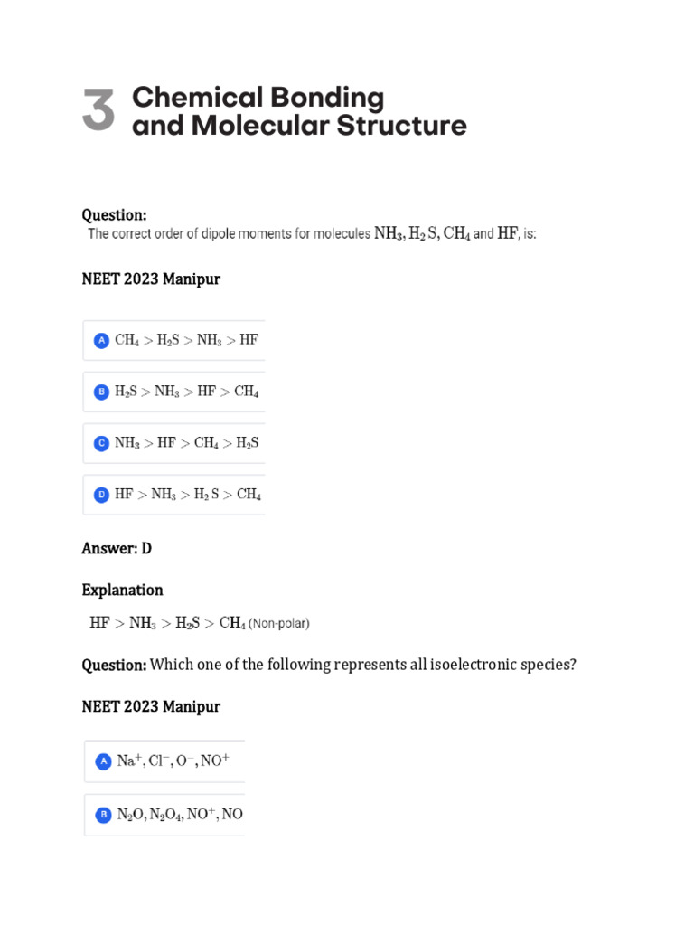 NEET 2023 Chemical Bonding Questions | PDF | Intermolecular Force ...