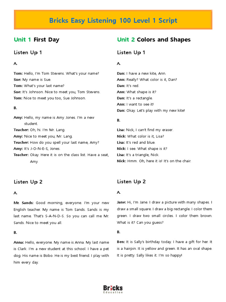 Bricks Easy Listening 100 - L1 - Script | PDF