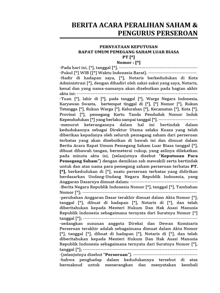Berita Acara RUPS Peralihan Saham | PDF | Pengelolaan Keuangan & Uang