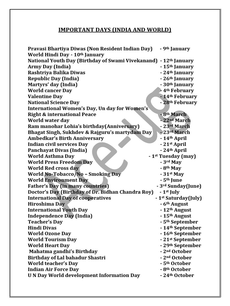 Important days india and world static gk 7 pdf