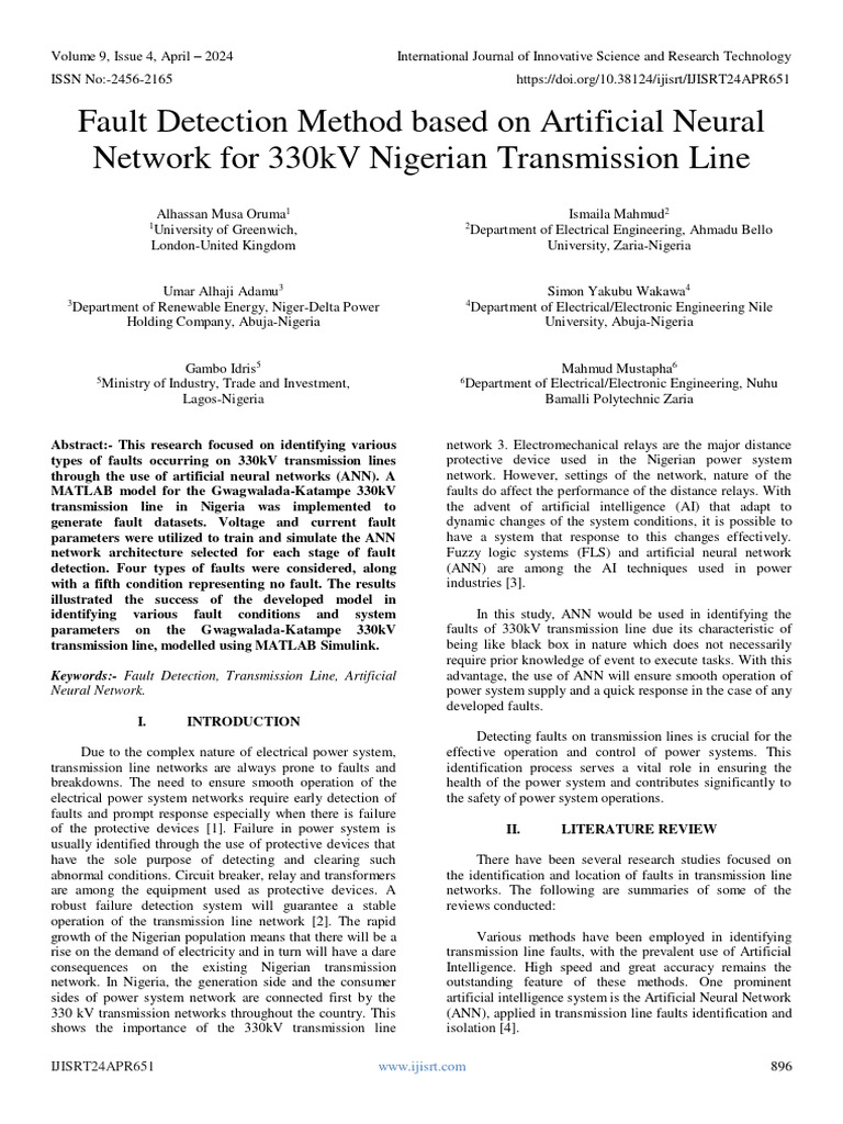 Fault Detection Method Based On Artificial Neural Network For 330kV ...