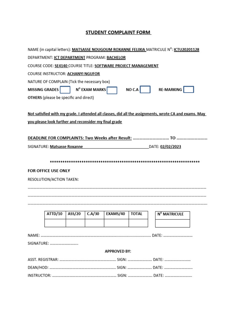 Student Grade Complaint Form | PDF
